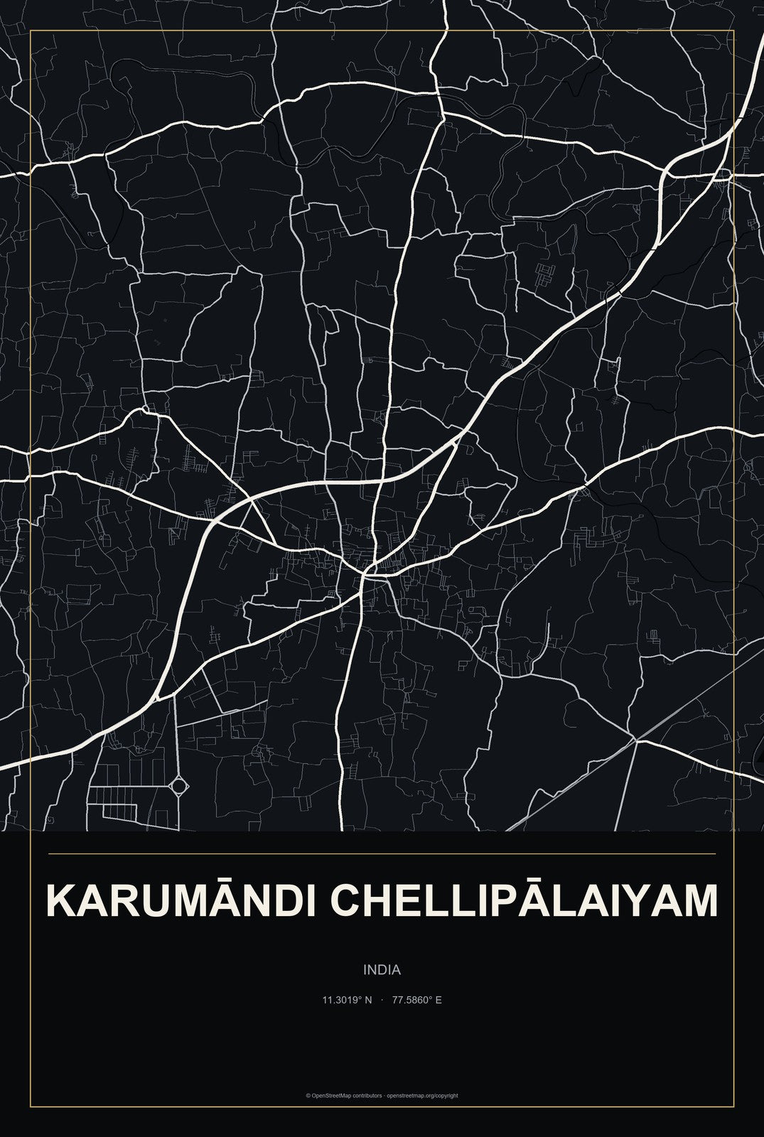Karumāndi Chellipālaiyam, India City Map Aluminum Sign in Metropolitan Noir style