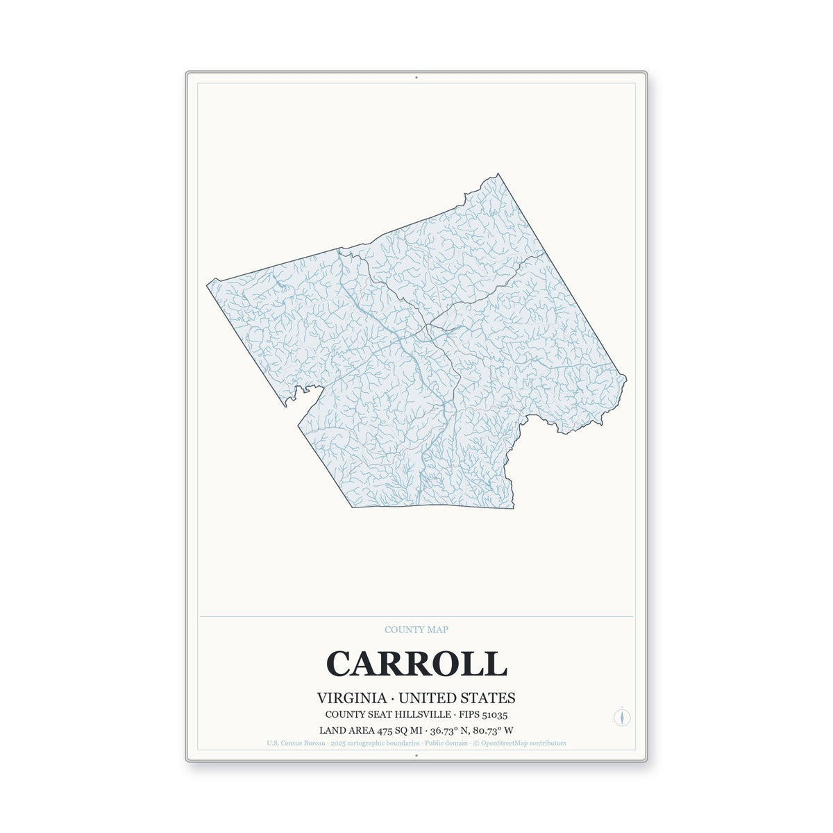 Carroll County, Virginia Map Aluminum Sign in Gallery Air style