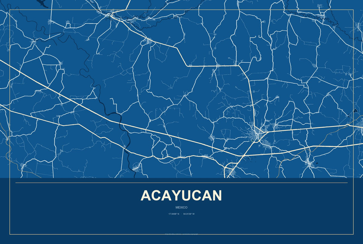 Acayucan, Mexico City Map Aluminum Sign in Harbor Cobalt style