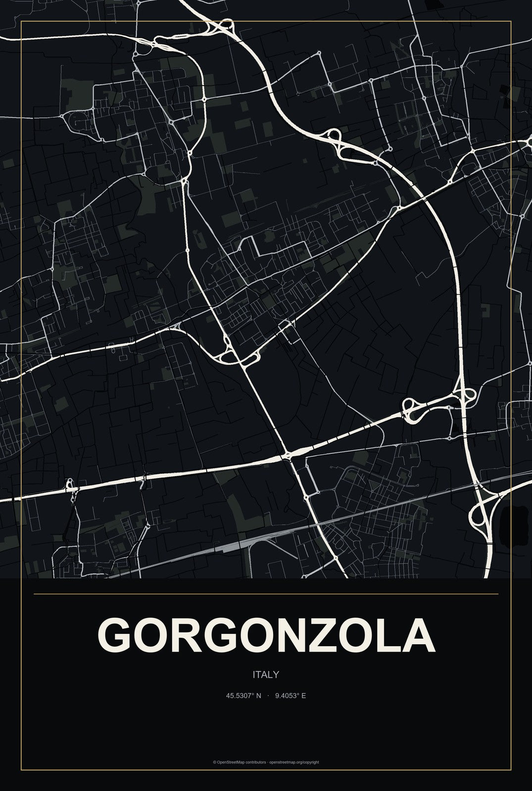 Gorgonzola, Italy City Map Aluminum Sign in Metropolitan Noir style