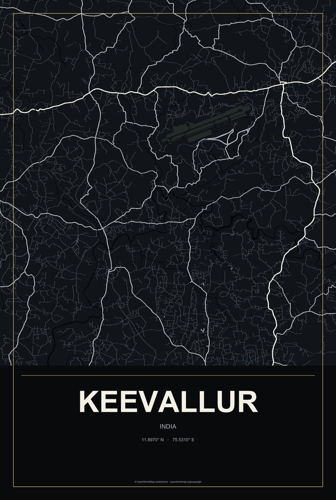 Keevallur, India City Map Aluminum Sign in Metropolitan Noir style