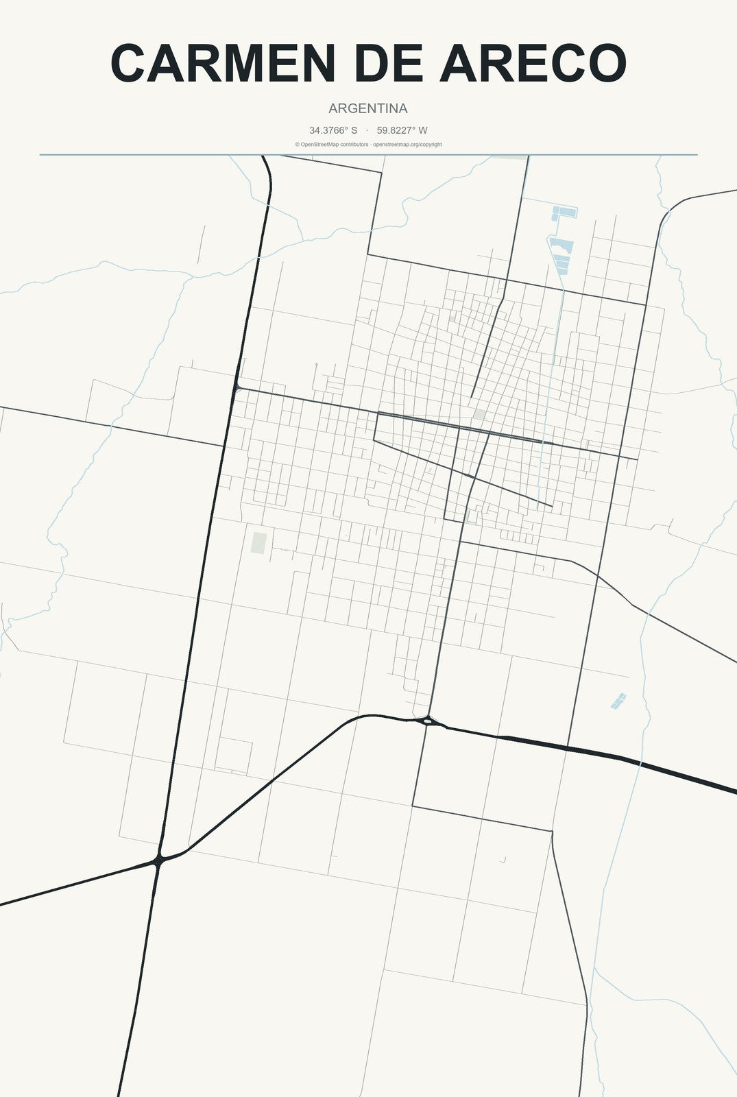 Carmen de Areco, Argentina City Map Aluminum Sign in Headline Atlas style