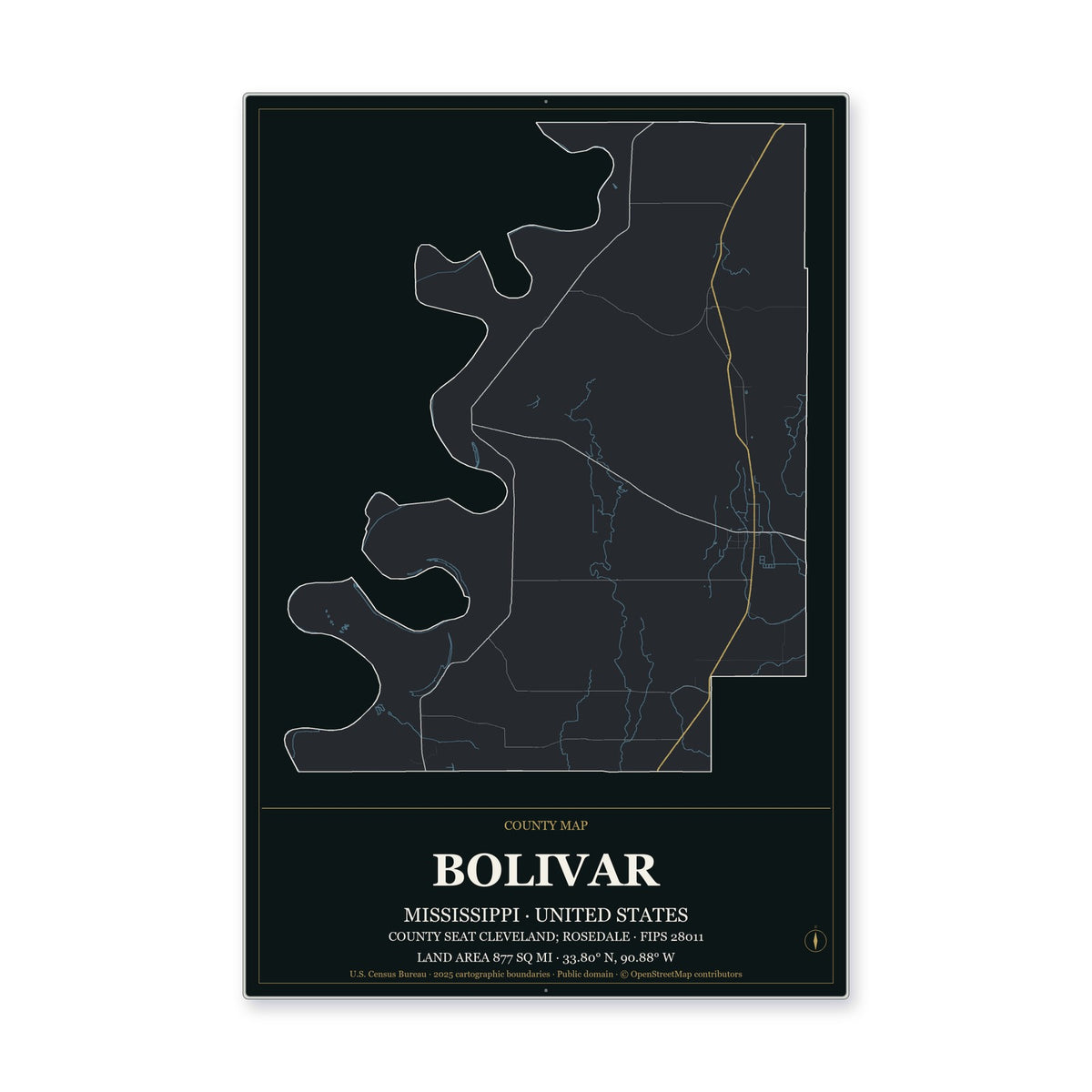 Bolivar County, Mississippi Map Aluminum Sign in Metropolitan Noir style