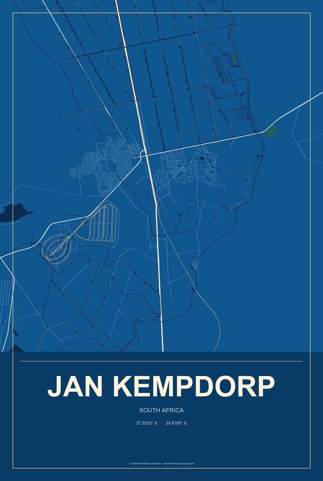 Jan Kempdorp, South Africa City Map Aluminum Sign in Harbor Cobalt style