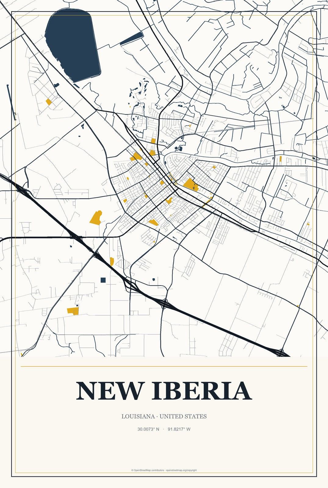 New Iberia, Louisiana City Map Aluminum Sign in Citrine Modern style