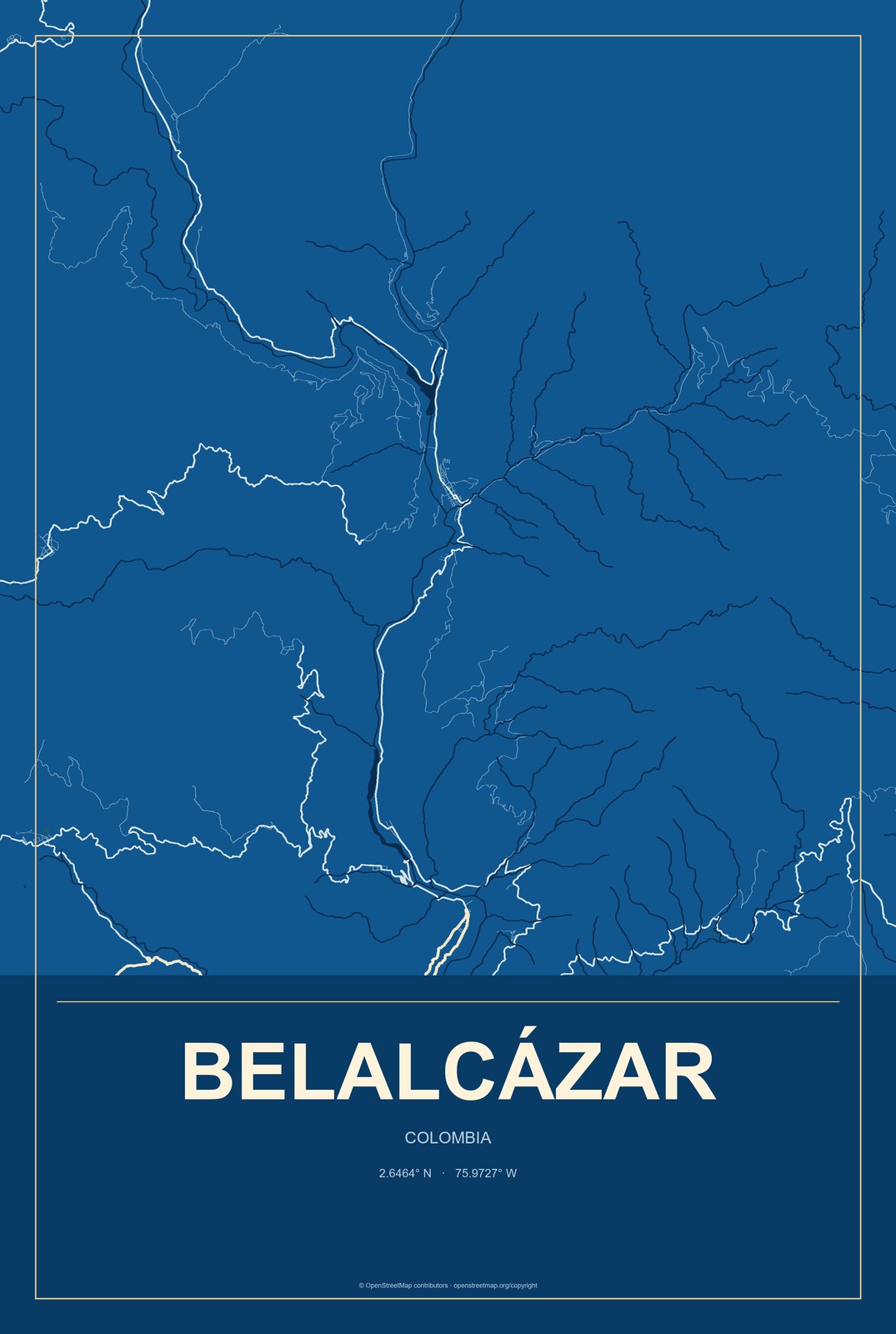 Belalcázar, Colombia City Map Aluminum Sign in Harbor Cobalt style