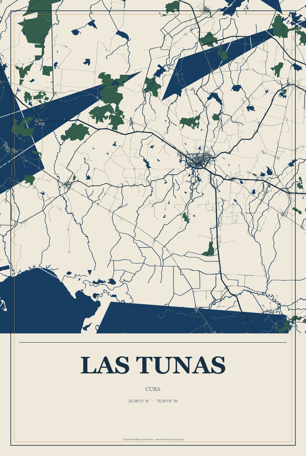 Las Tunas, Cuba City Map Aluminum Sign in Coastal Cutout style