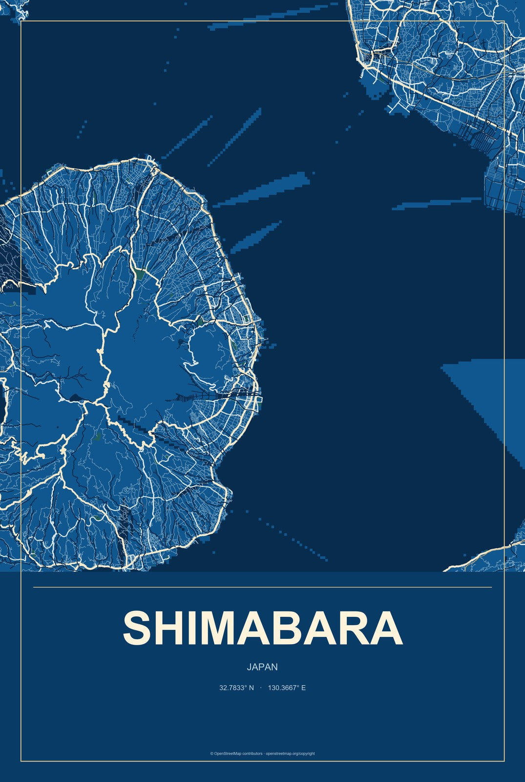 Shimabara, Japan City Map Aluminum Sign in Harbor Cobalt style