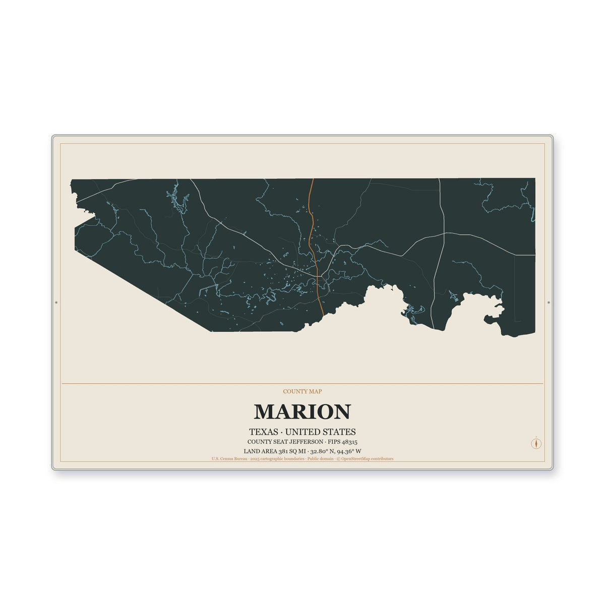 Marion County, Texas Map Aluminum Sign in Headline Atlas style