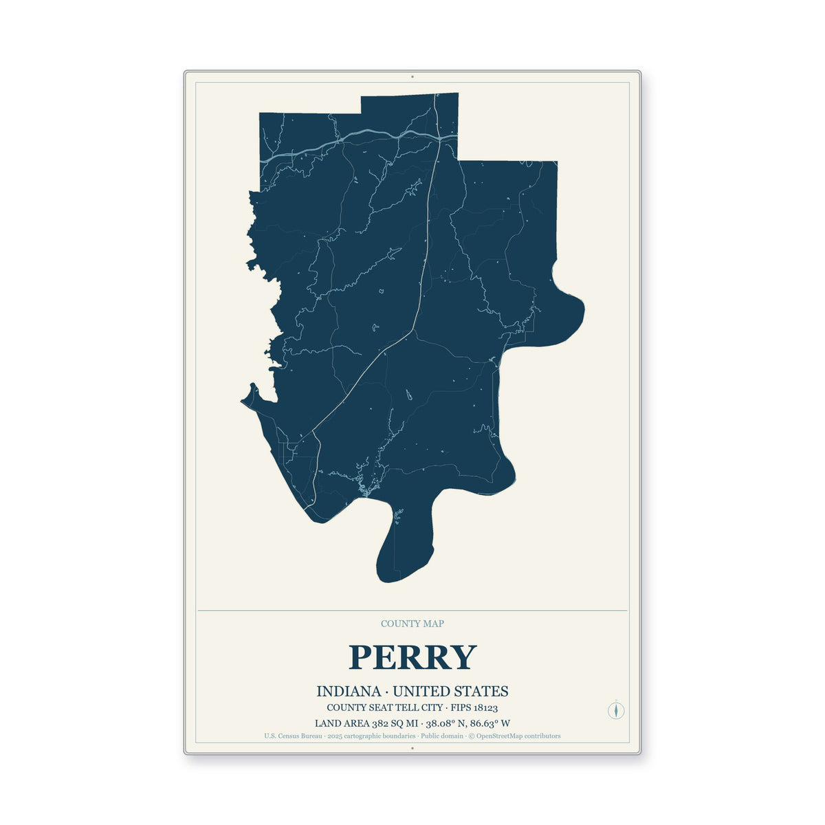 Perry County, Indiana Map Aluminum Sign in Coastal Cutout style