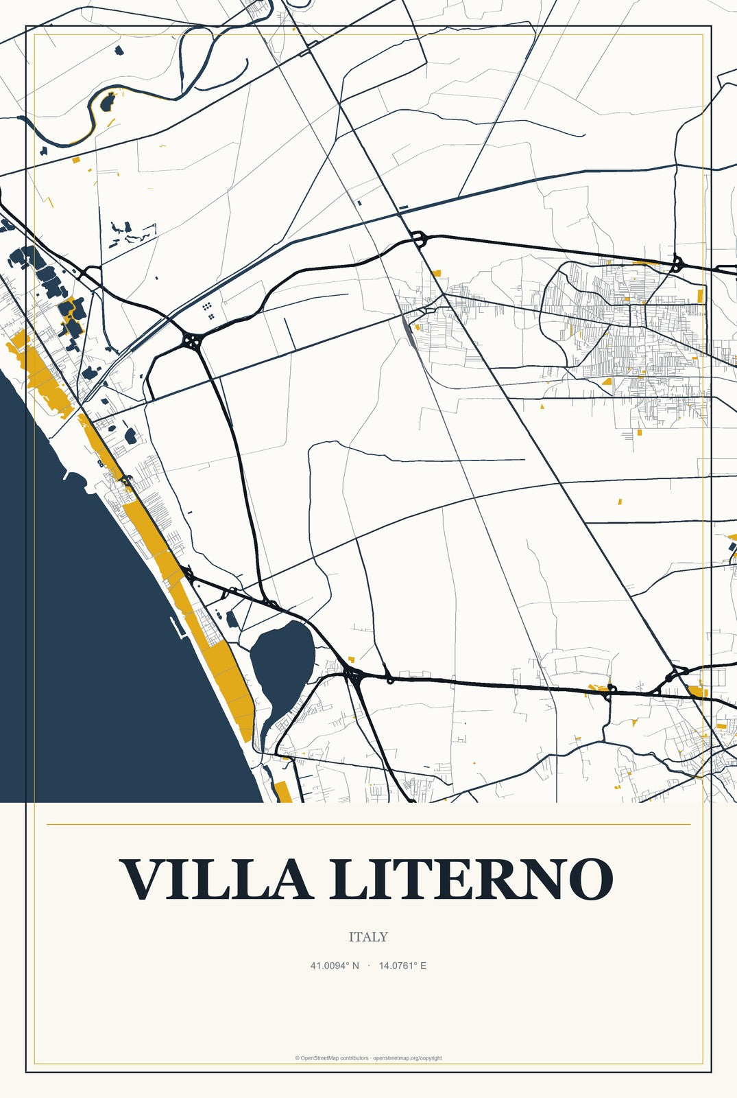 Villa Literno, Italy City Map Aluminum Sign in Citrine Modern style