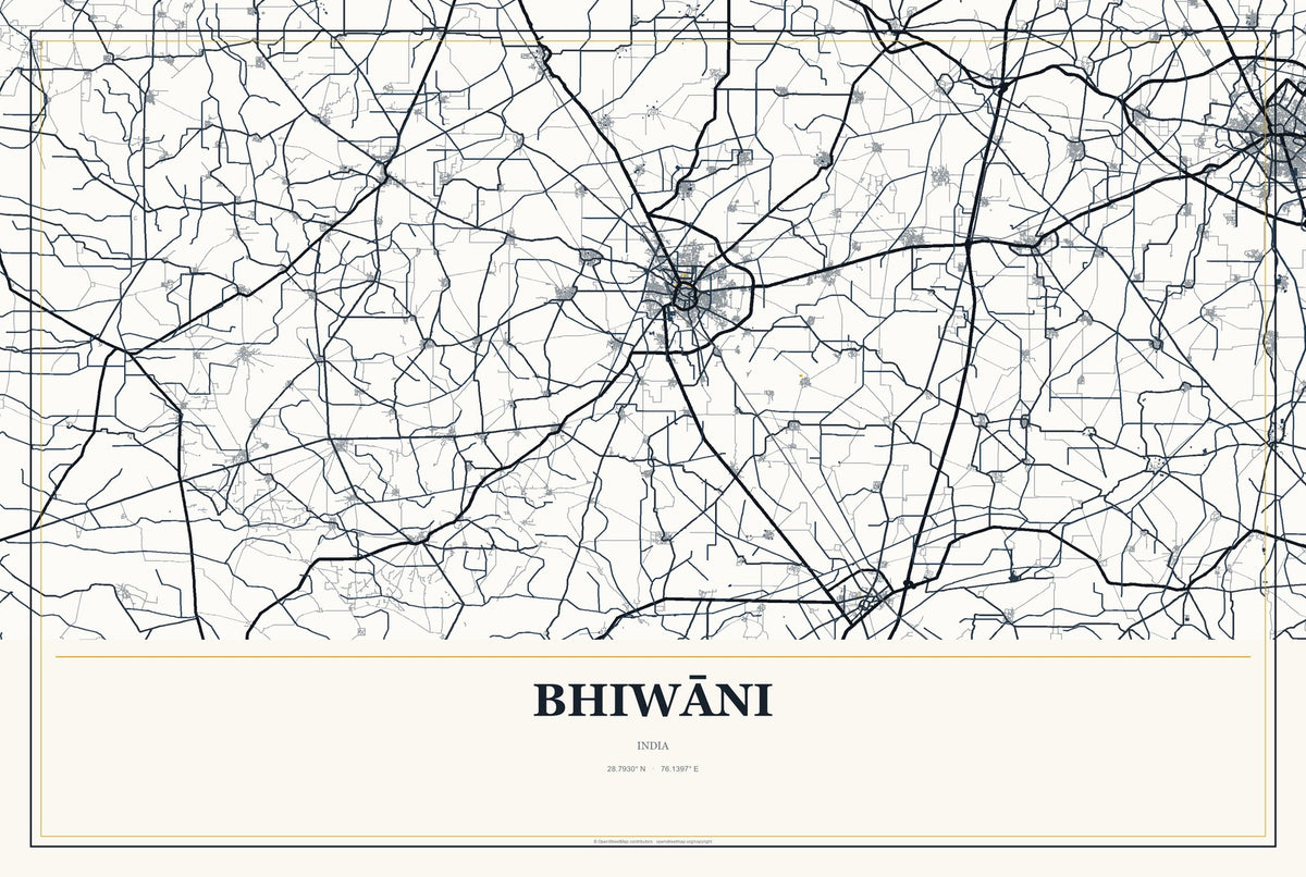Bhiwāni, India City Map Aluminum Sign in Citrine Modern style