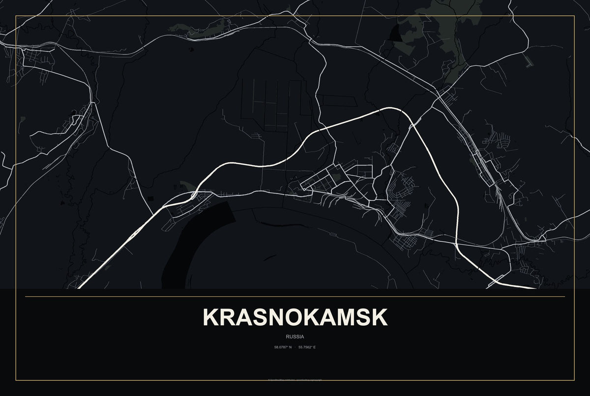 Krasnokamsk, Russia City Map Aluminum Sign in Metropolitan Noir style