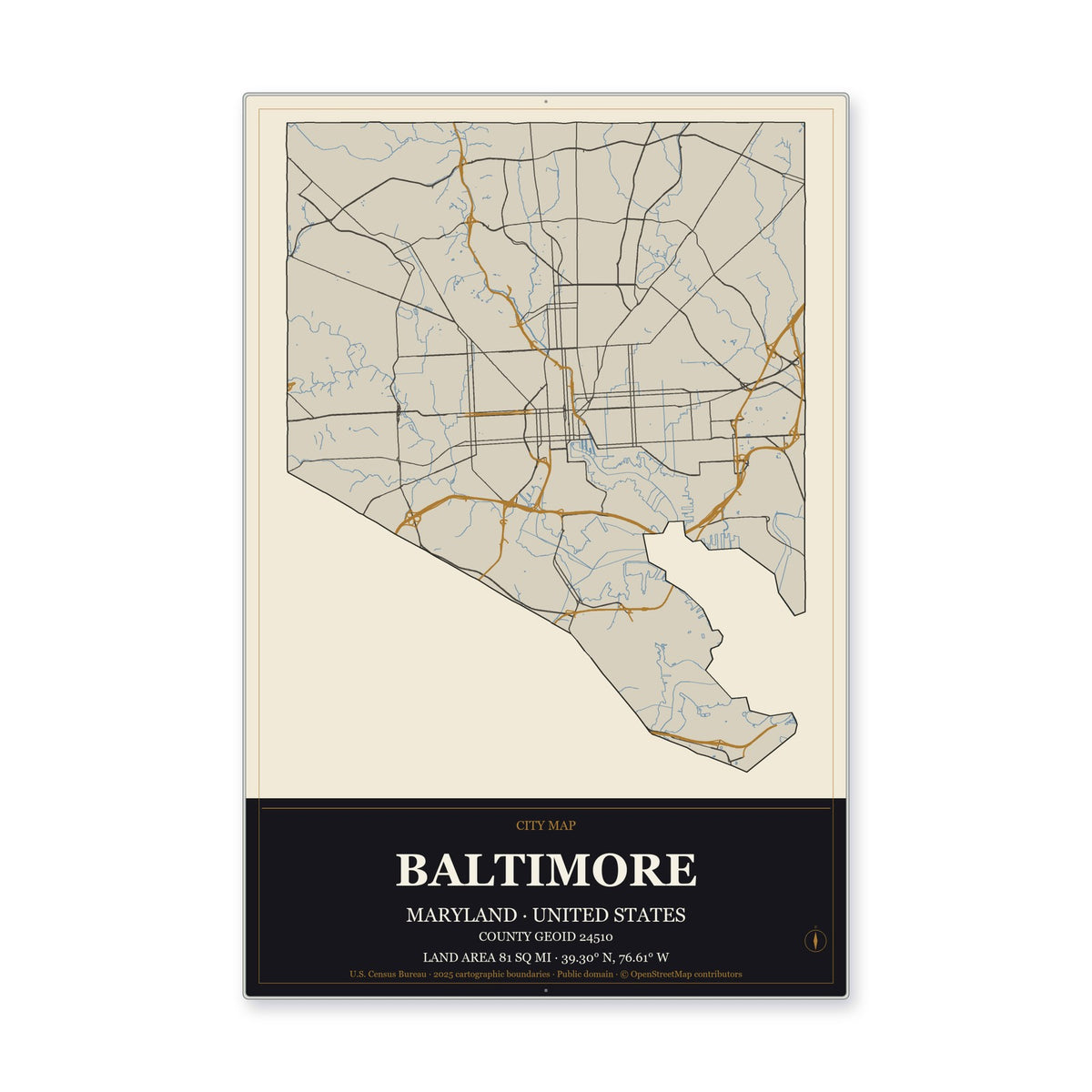 Baltimore city, Maryland Map Aluminum Sign in Museum Plaque style