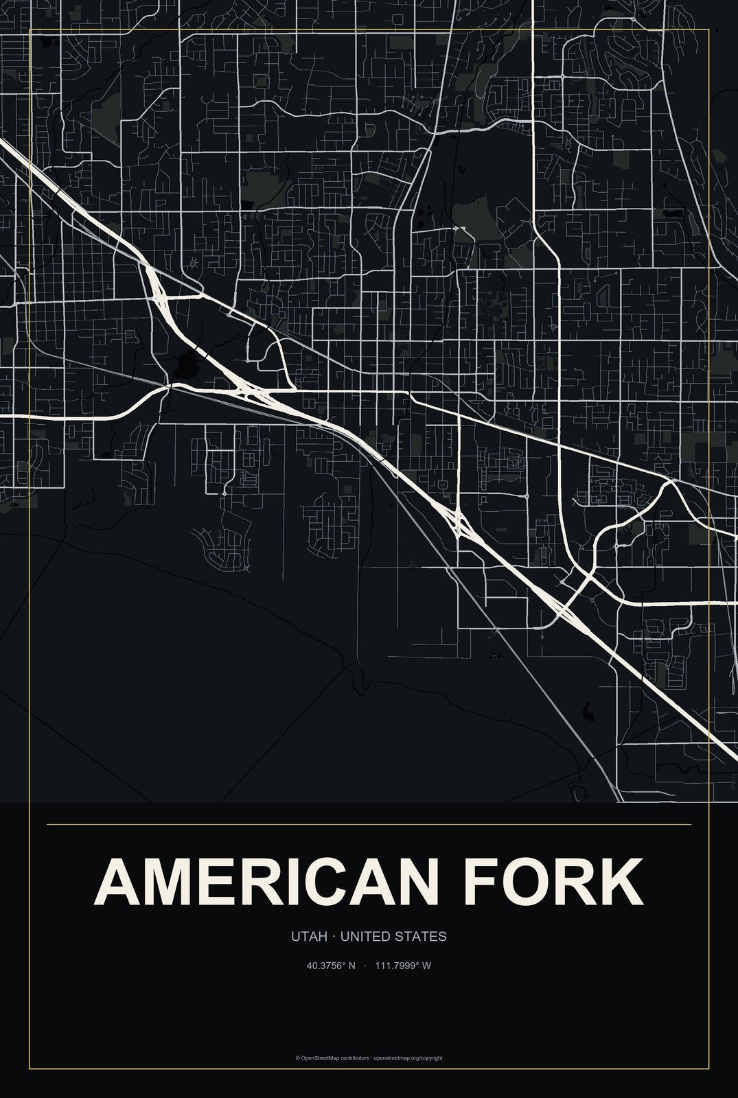 American Fork, Utah City Map Aluminum Sign in Metropolitan Noir style