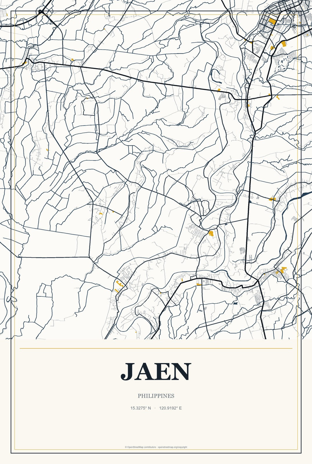 Jaen, Philippines City Map Aluminum Sign in Citrine Modern style