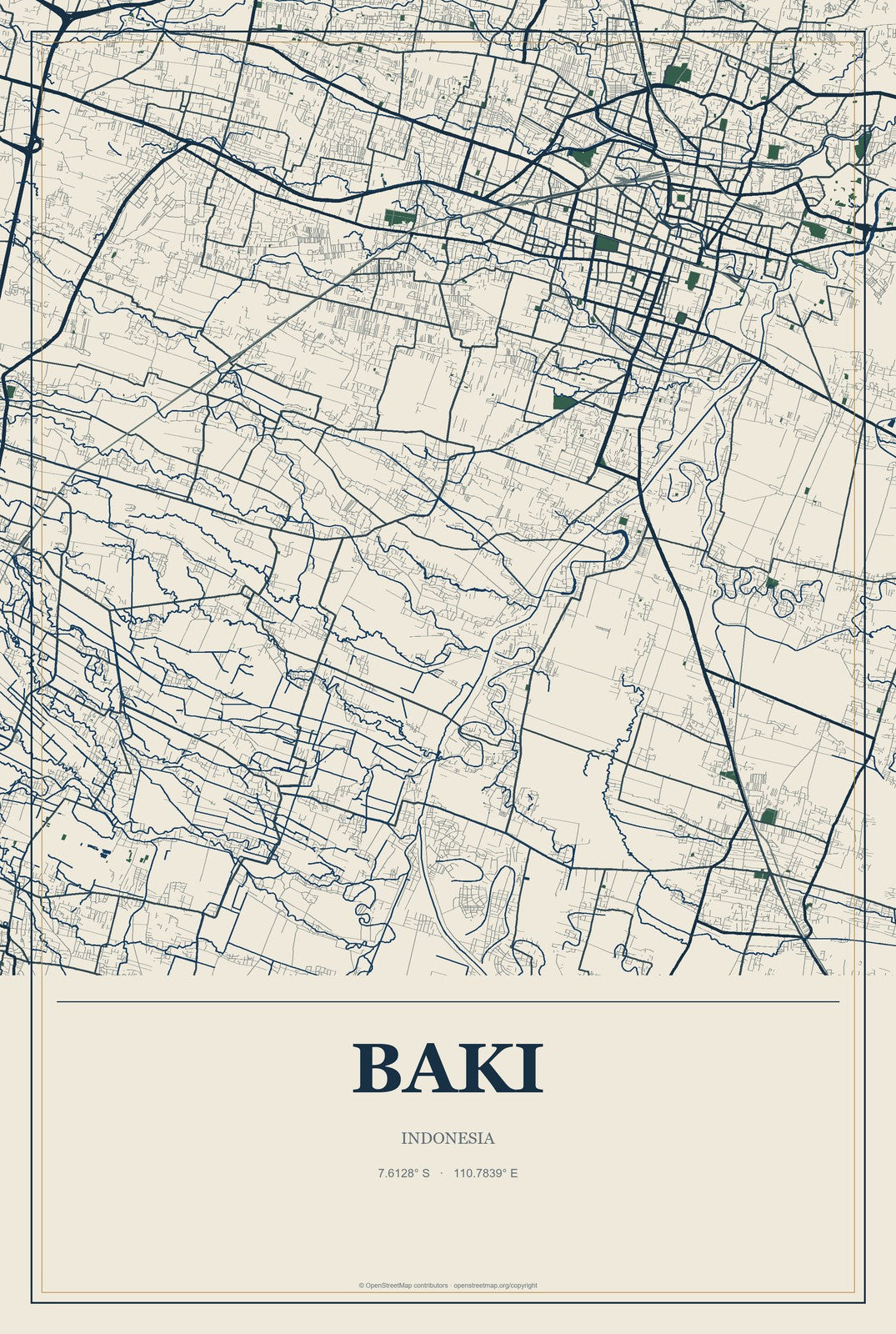 Baki, Indonesia City Map Aluminum Sign in Coastal Cutout style
