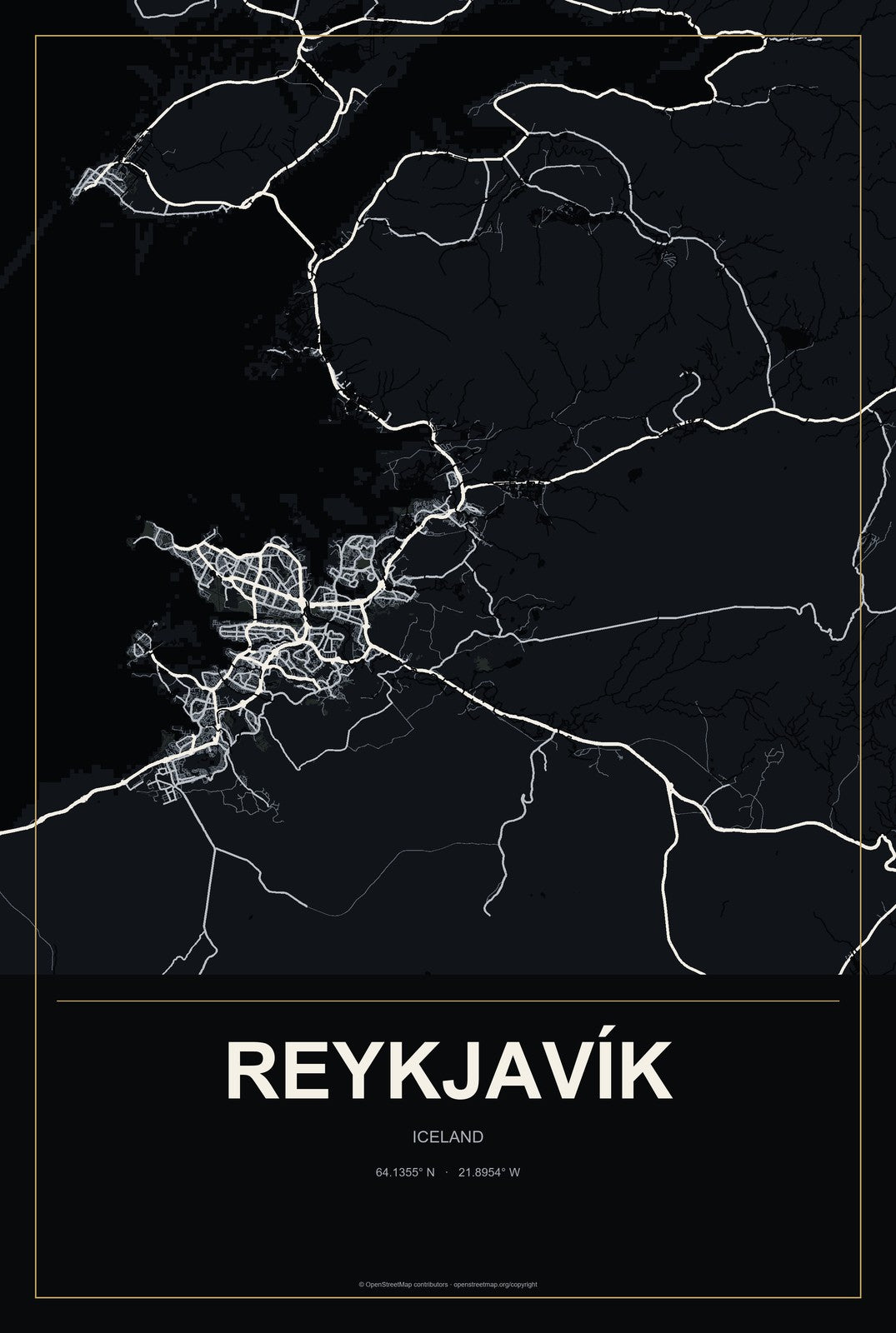 Reykjavík, Iceland City Map Aluminum Sign in Metropolitan Noir style