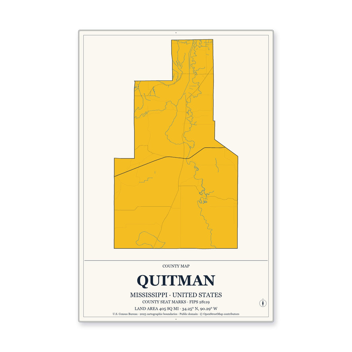 Quitman County, Mississippi Map Aluminum Sign in Citrine Modern style
