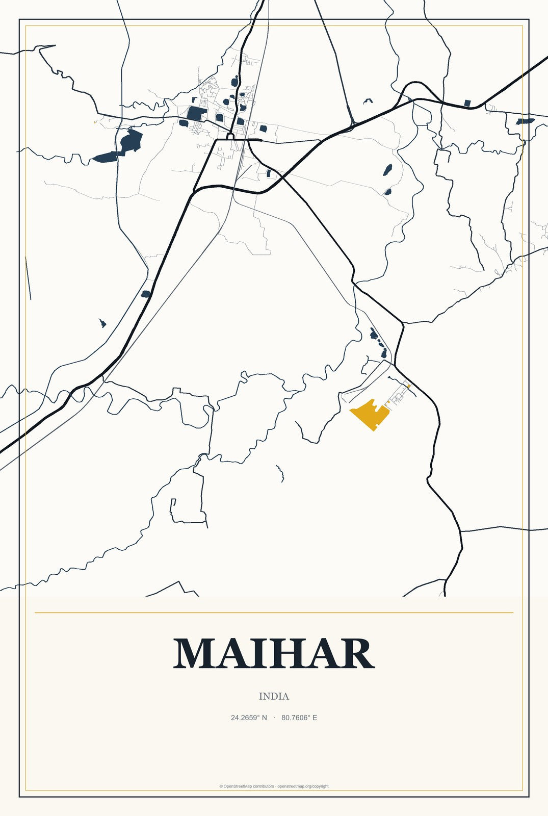 Maihar, India City Map Aluminum Sign in Citrine Modern style