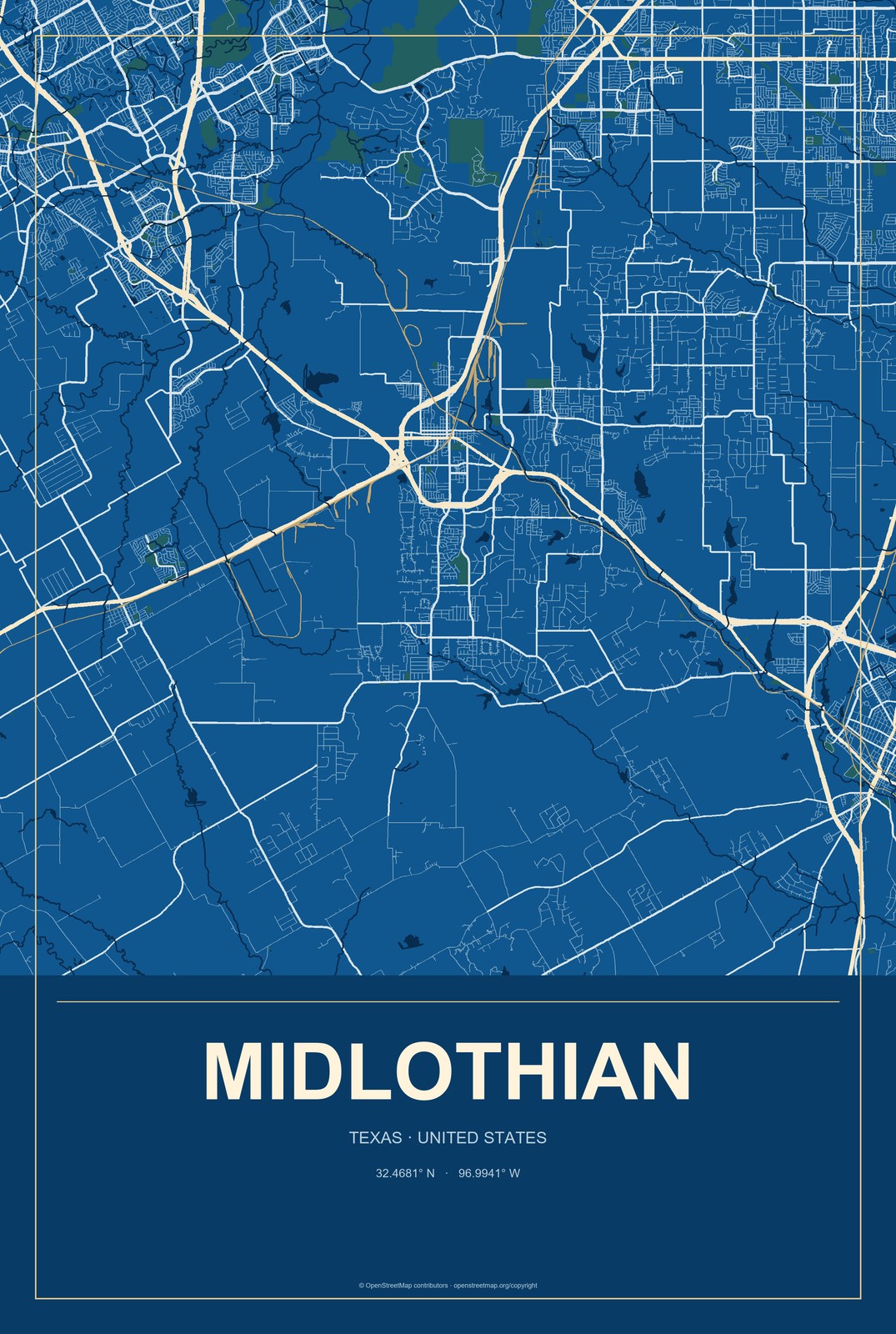 Midlothian, Texas City Map Aluminum Sign in Harbor Cobalt style
