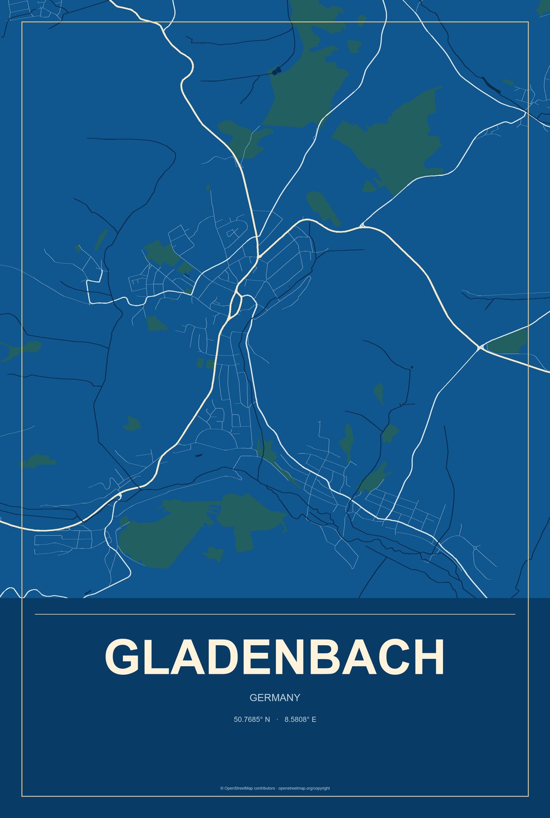 Gladenbach, Germany City Map Aluminum Sign in Harbor Cobalt style