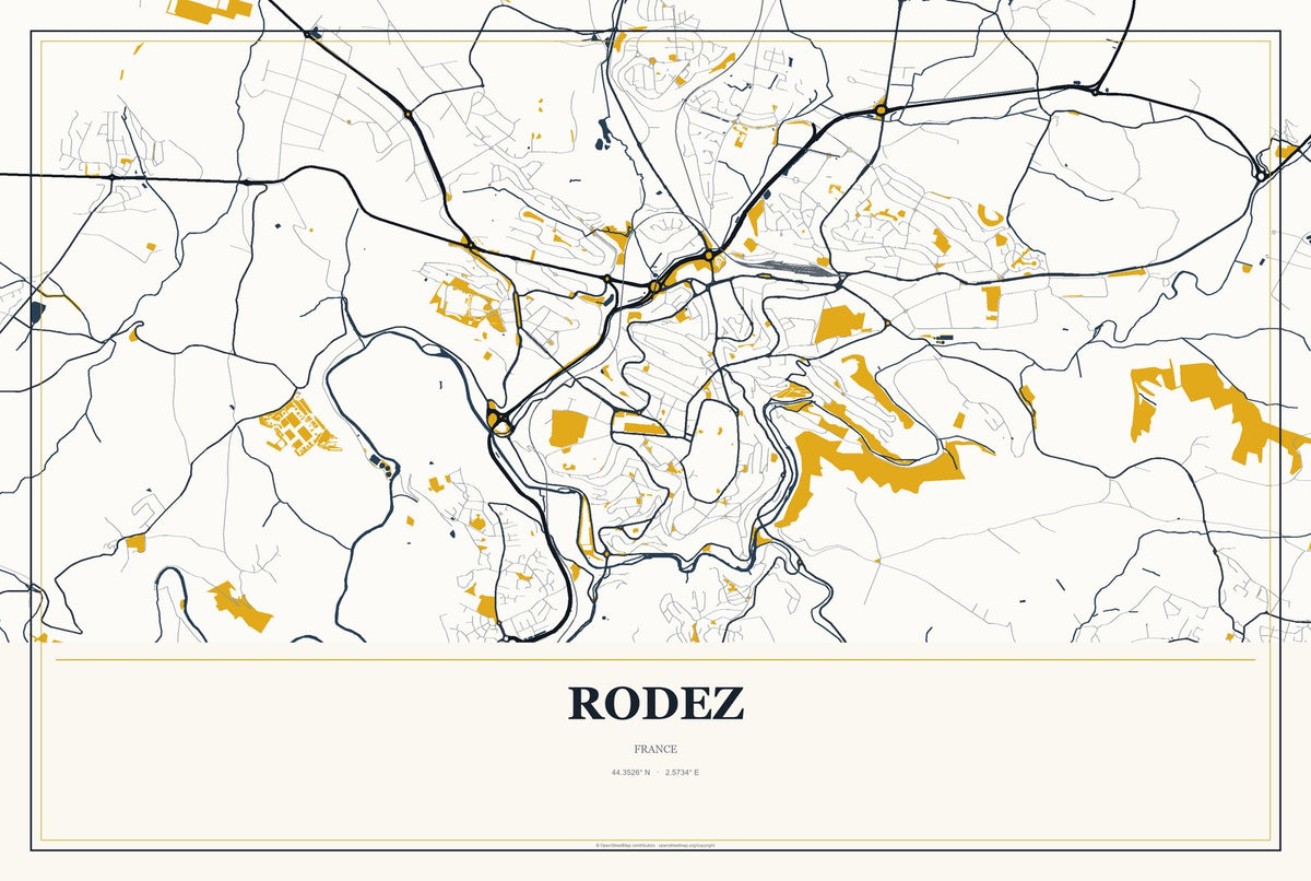 Rodez, France City Map Aluminum Sign in Citrine Modern style