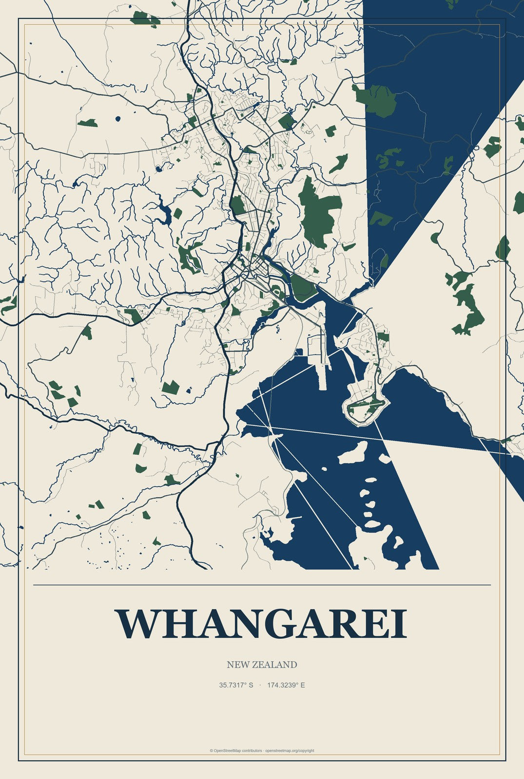 Whangarei, New Zealand City Map Aluminum Sign in Coastal Cutout style