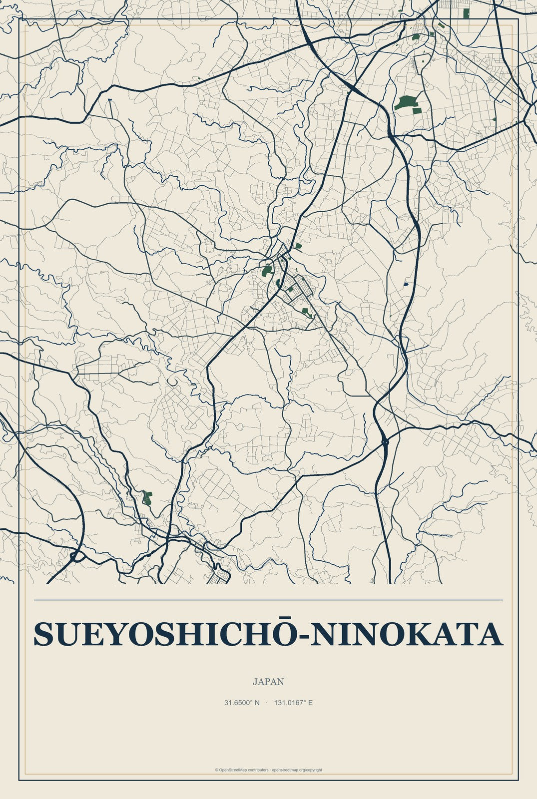 Sueyoshichō-ninokata, Japan City Map Aluminum Sign in Coastal Cutout style