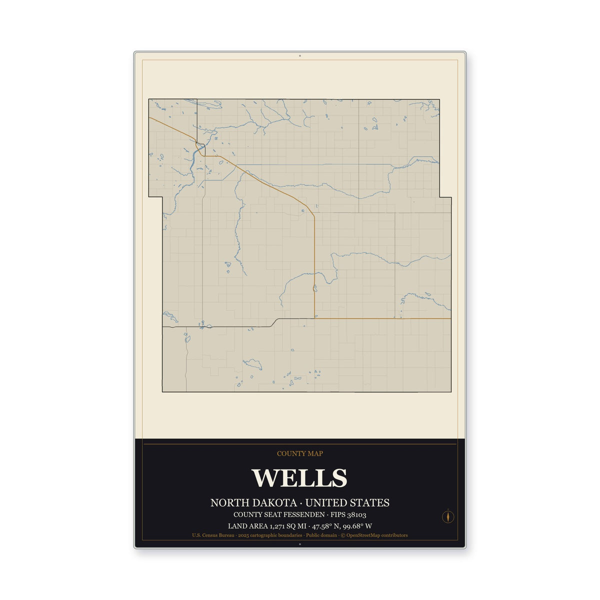 Wells County, North Dakota Map Aluminum Sign in Museum Plaque style