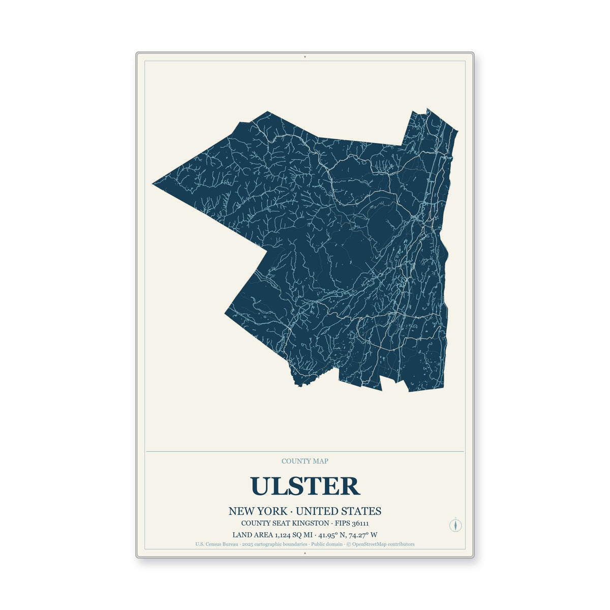 Ulster County, New York Map Aluminum Sign in Coastal Cutout style