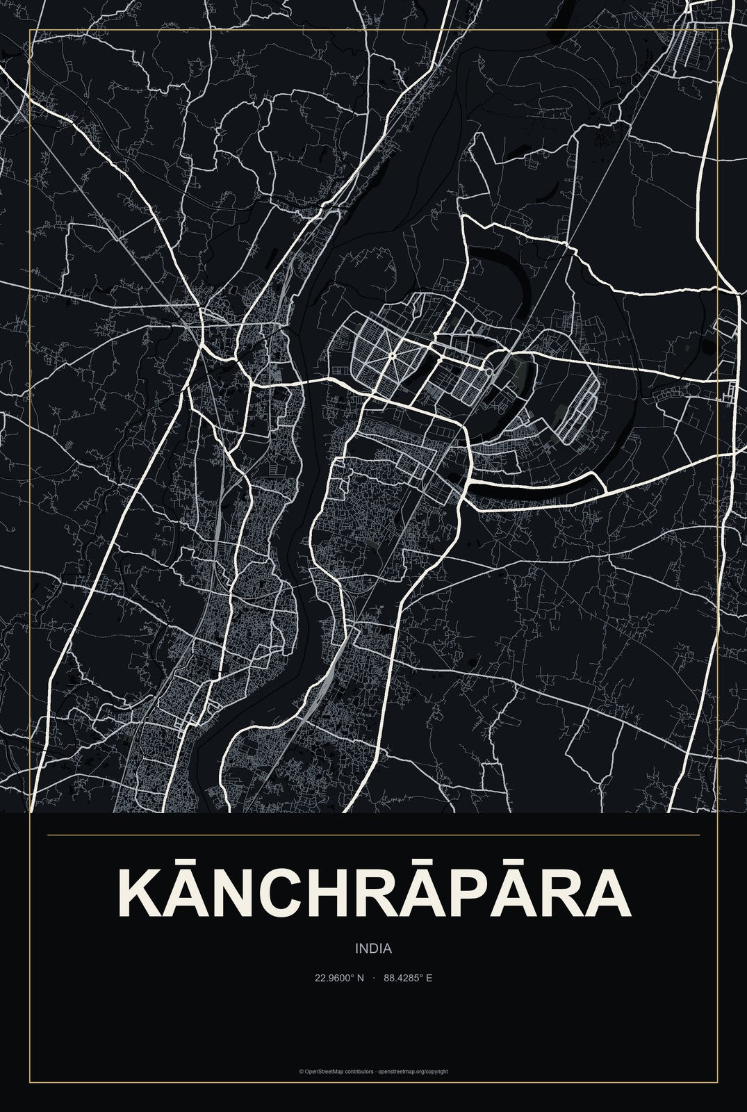 Kānchrāpāra, India City Map Aluminum Sign in Metropolitan Noir style