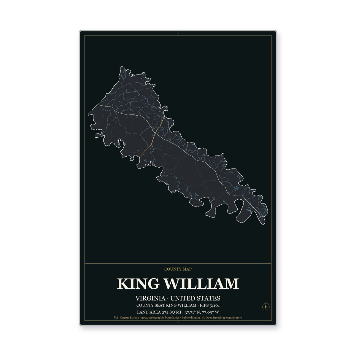 King William County, Virginia Map Aluminum Sign in Metropolitan Noir style