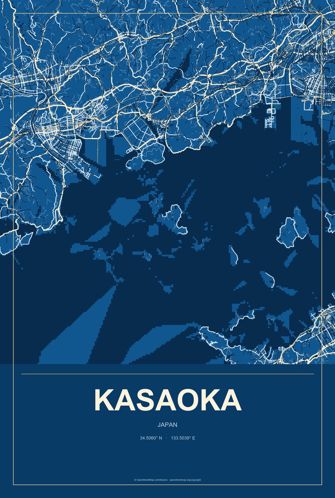 Kasaoka, Japan City Map Aluminum Sign in Harbor Cobalt style