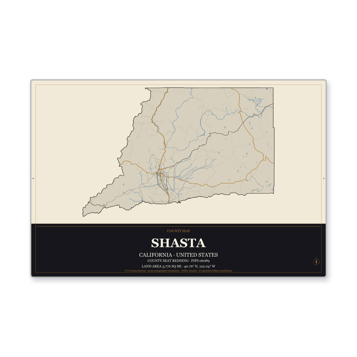 Shasta County, California Map Aluminum Sign in Museum Plaque style