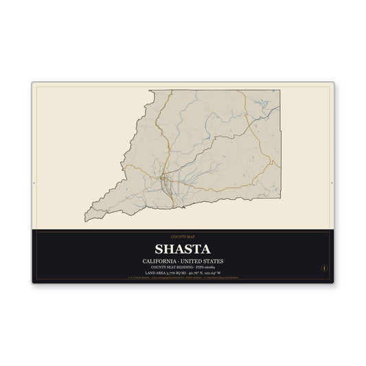 Shasta County, California Map Aluminum Sign in Museum Plaque style