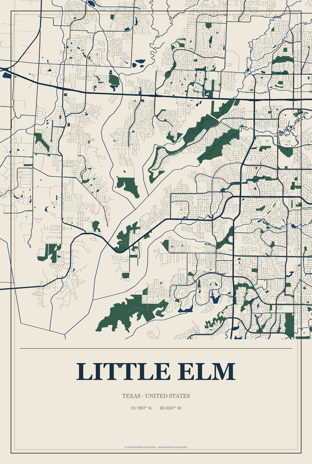 Little Elm, Texas City Map Aluminum Sign in Coastal Cutout style