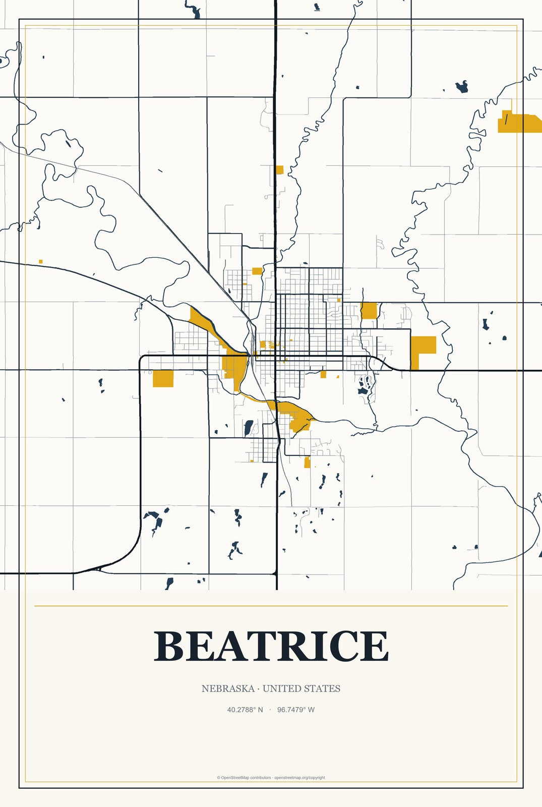 Beatrice, Nebraska City Map Aluminum Sign in Citrine Modern style