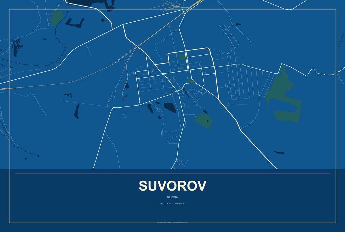 Suvorov, Russia City Map Aluminum Sign in Harbor Cobalt style