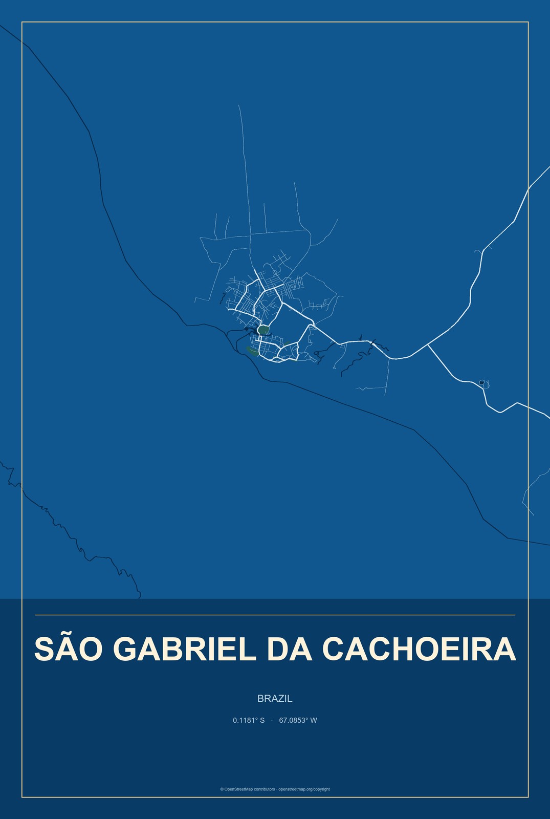 São Gabriel da Cachoeira, Brazil City Map Aluminum Sign in Harbor Cobalt style