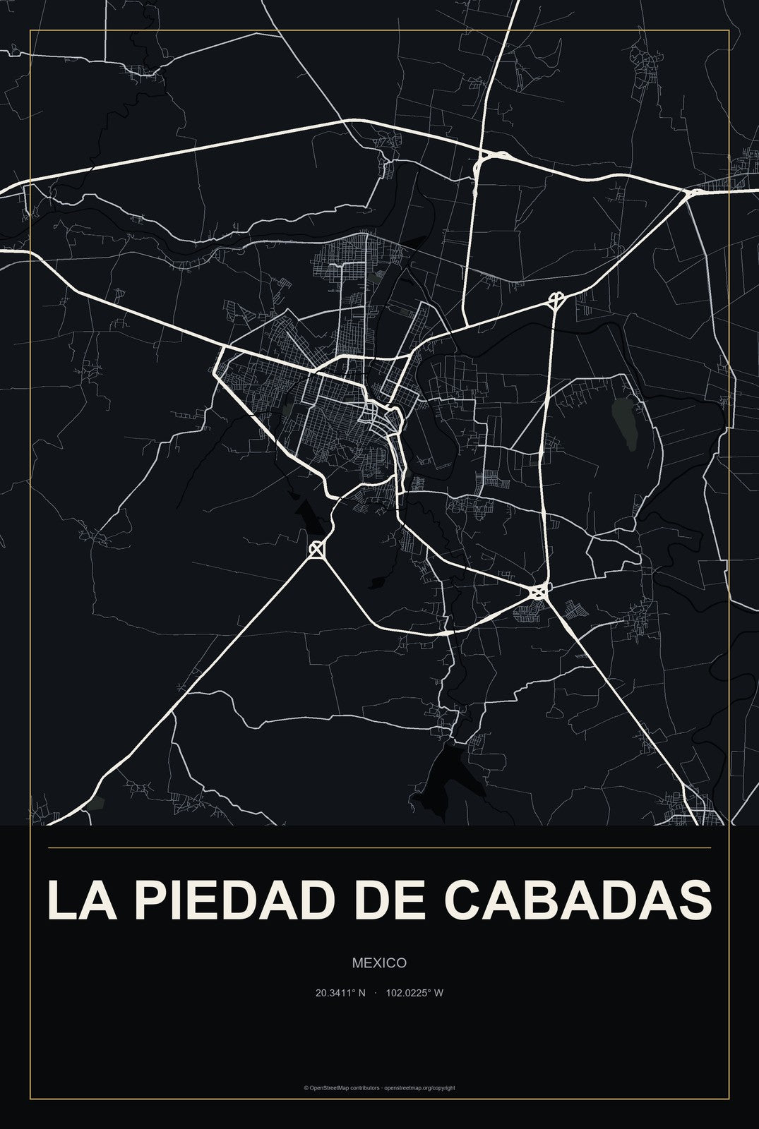 La Piedad de Cabadas, Mexico City Map Aluminum Sign in Metropolitan Noir style