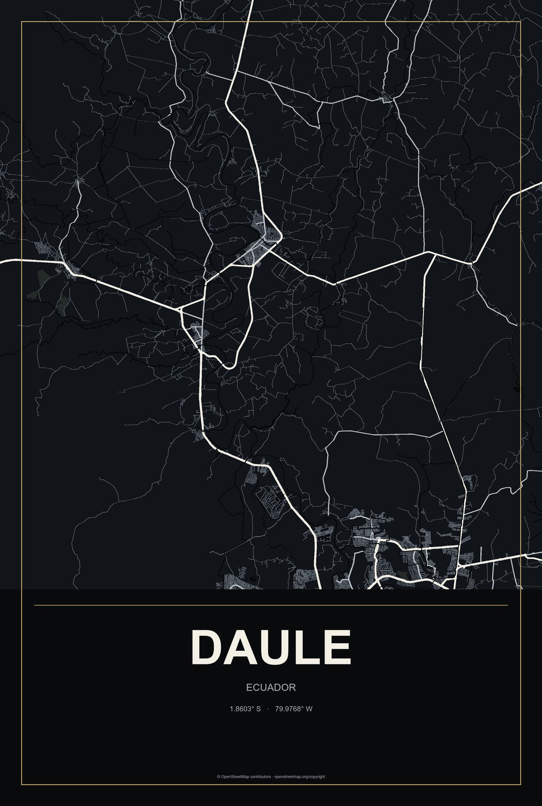 Daule, Ecuador City Map Aluminum Sign in Metropolitan Noir style