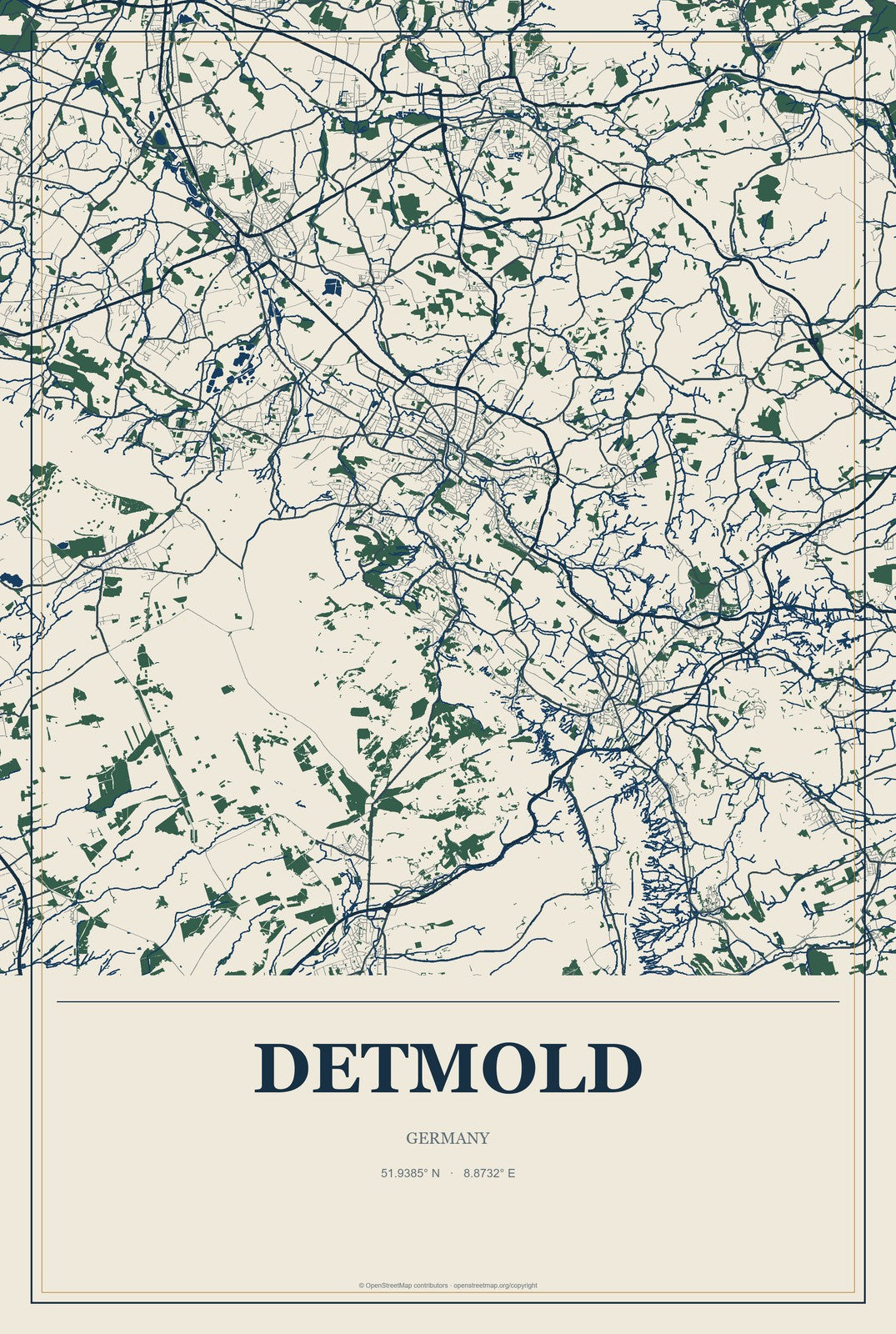 Detmold, Germany City Map Aluminum Sign in Coastal Cutout style