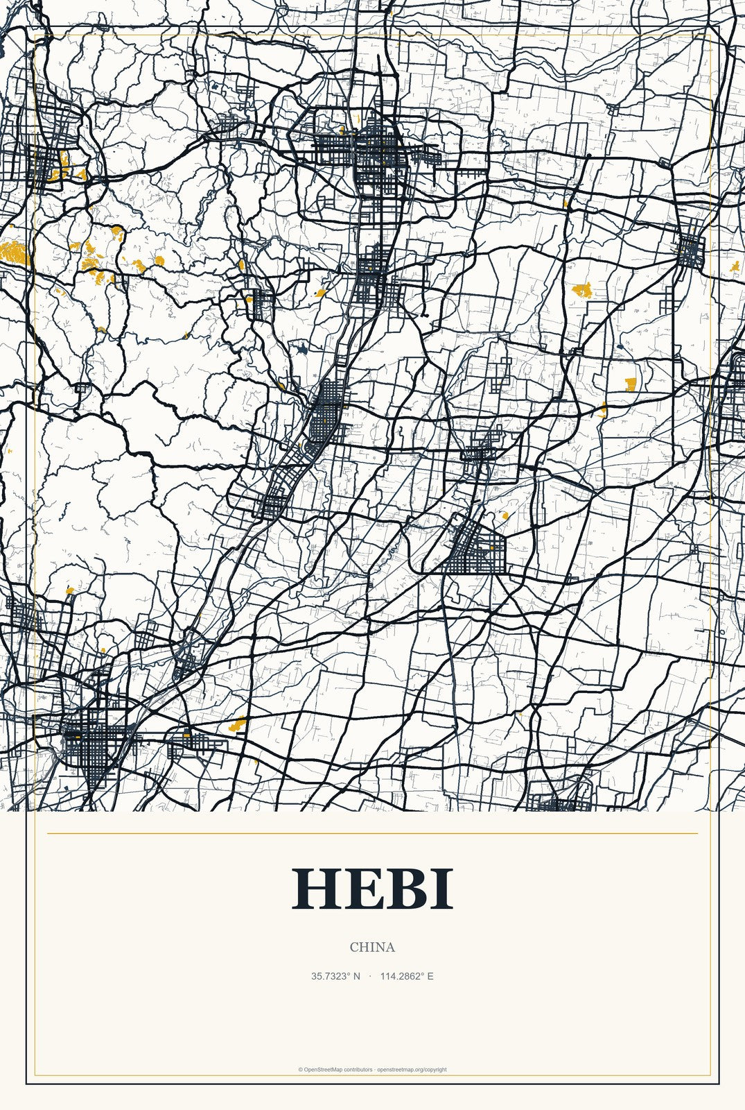 Hebi, China City Map Aluminum Sign in Citrine Modern style