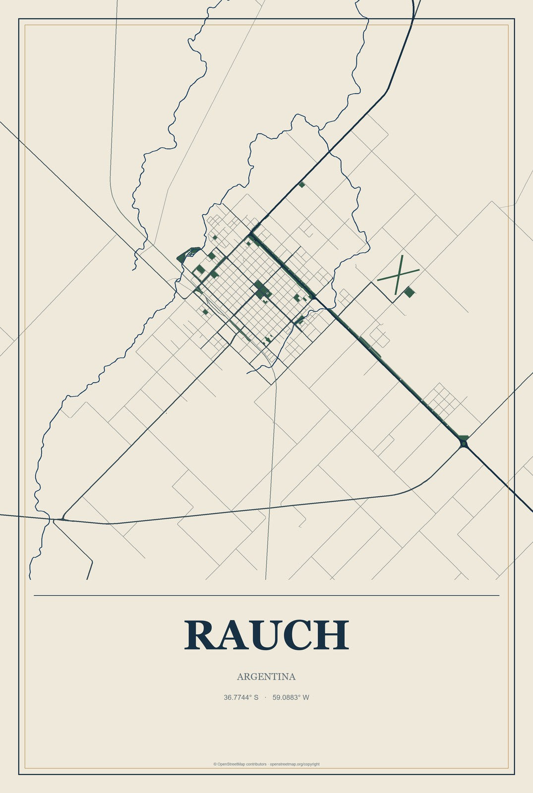 Rauch, Argentina City Map Aluminum Sign in Coastal Cutout style