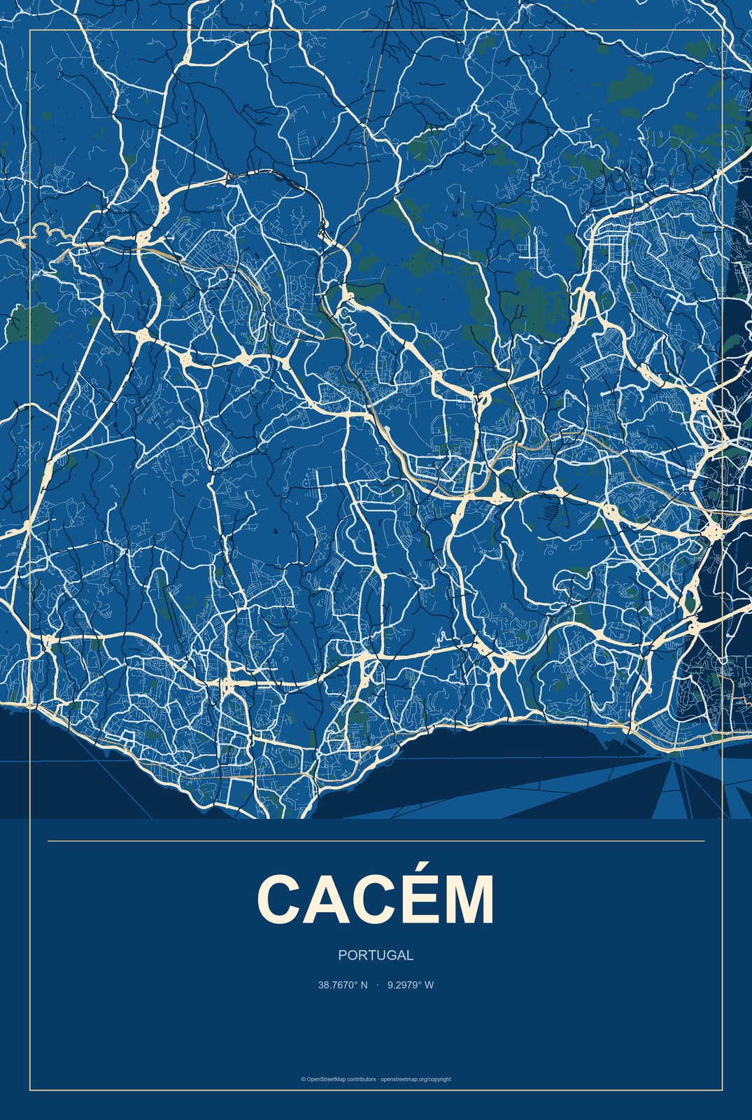 Cacém, Portugal City Map Aluminum Sign in Harbor Cobalt style