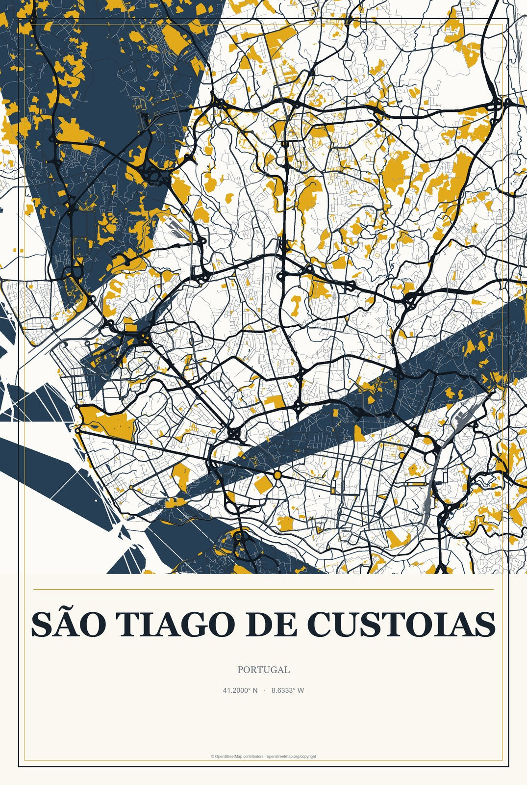 São Tiago de Custoias, Portugal City Map Aluminum Sign in Citrine Modern style