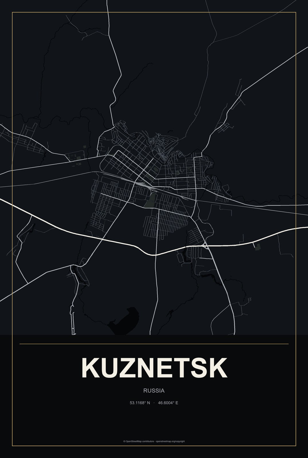 Kuznetsk, Russia City Map Aluminum Sign in Metropolitan Noir style