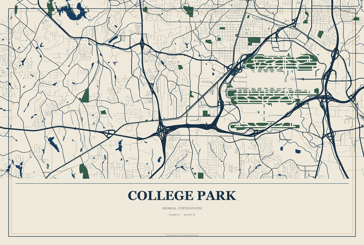 College Park, Georgia City Map Aluminum Sign in Coastal Cutout style