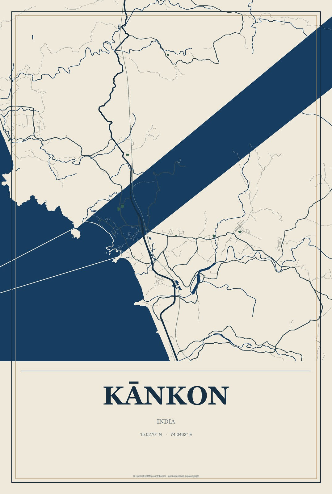 Kānkon, India City Map Aluminum Sign in Coastal Cutout style